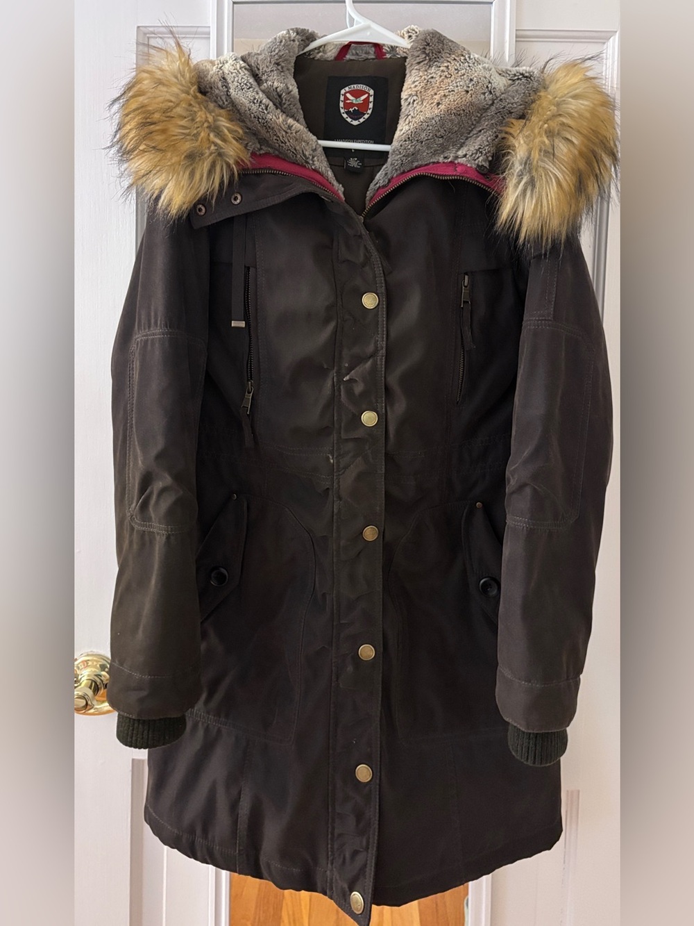 Madison Dark Brown Parka with Faux-Fur Hood Trim